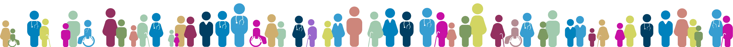 Illustration de différents personnages aux couleurs de ReAGJIR représentant des médecins généralistes et ses patients de tout âge et genre, certains sont en situation de handicap.