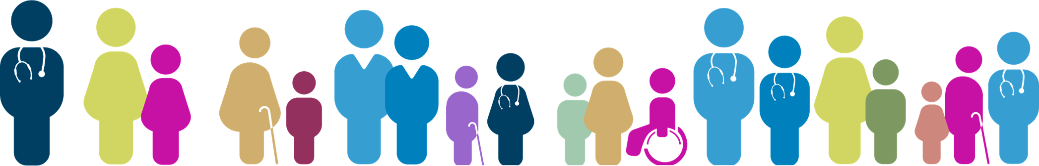 Illustration de différents personnages aux couleurs de ReAGJIR représentant des médecins généralistes et ses patients de tout âge et genre, certains sont en situation de handicap.