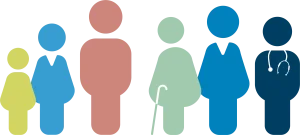 Illustration d'un groupe de diff&eacute;rents personnages aux couleurs de ReAGJIR repr&eacute;sentant un m&eacute;decin g&eacute;n&eacute;raliste et ses patients de tout &acirc;ge et genre.