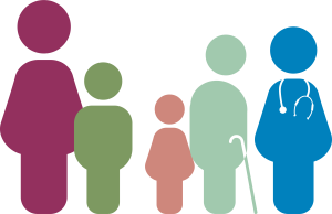 Illustration d'un groupe de différents personnages aux couleurs de ReAGJIR représentant un médecin généraliste et ses patients de tout âge et genre.