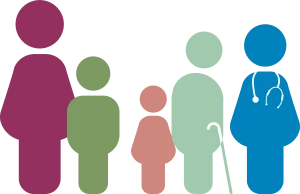 Illustration d'un groupe de diff&eacute;rents personnages aux couleurs de ReAGJIR repr&eacute;sentant un m&eacute;decin g&eacute;n&eacute;raliste et ses patients de tout &acirc;ge et genre.