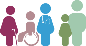 Illustration d'un groupe de différents personnages aux couleurs de ReAGJIR représentant un médecin généraliste et ses patients de tout âge et genre.