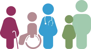 Illustration d'un groupe de diff&eacute;rents personnages aux couleurs de ReAGJIR repr&eacute;sentant un m&eacute;decin g&eacute;n&eacute;raliste et ses patients de tout &acirc;ge et genre.