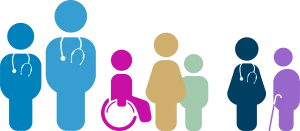 Illustration d'un groupe de diff&eacute;rents personnages aux couleurs de ReAGJIR repr&eacute;sentant des m&eacute;decins g&eacute;n&eacute;ralistes et ses patients de tout &acirc;ge et genre, l'un d'eux est en fauteuil roulant.
