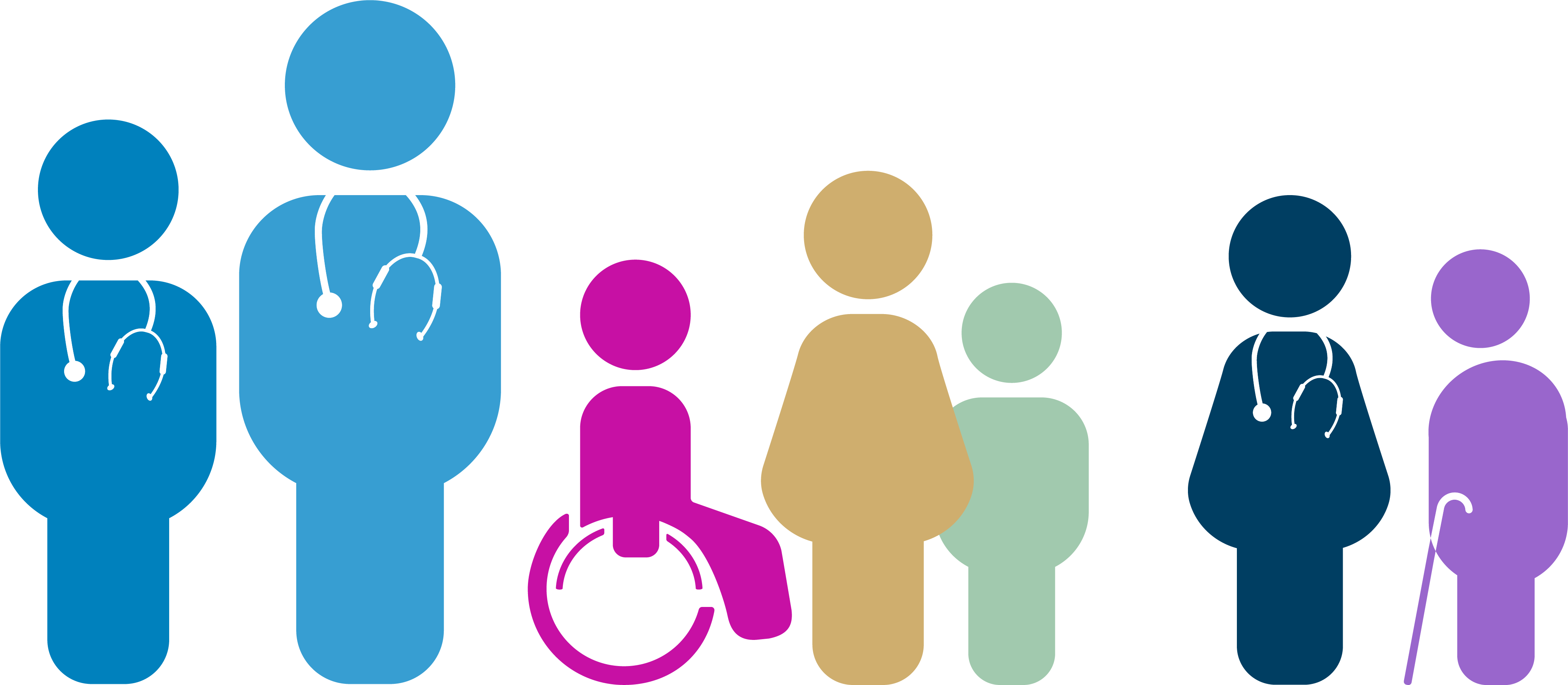 Illustration d'un groupe de diff&eacute;rents personnages aux couleurs de ReAGJIR repr&eacute;sentant des m&eacute;decins g&eacute;n&eacute;ralistes et ses patients de tout &acirc;ge et genre, l'un d'eux est en fauteuil roulant.