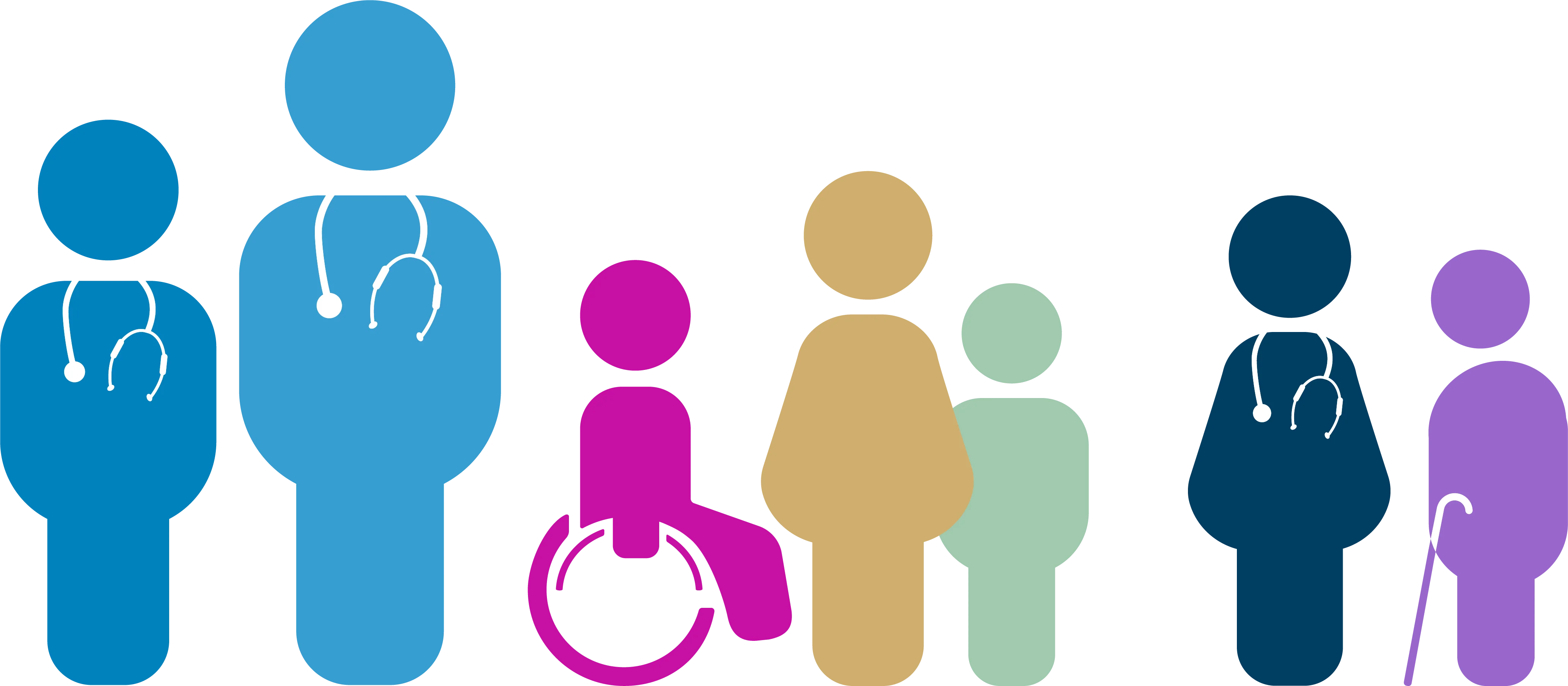 Illustration d'un groupe de différents personnages aux couleurs de ReAGJIR représentant des médecins généralistes et ses patients de tout âge et genre, l'un d'eux est en fauteuil roulant.