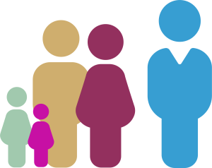 Illustration d'un groupe de différents personnages aux couleurs de ReAGJIR représentant une famille de patients.