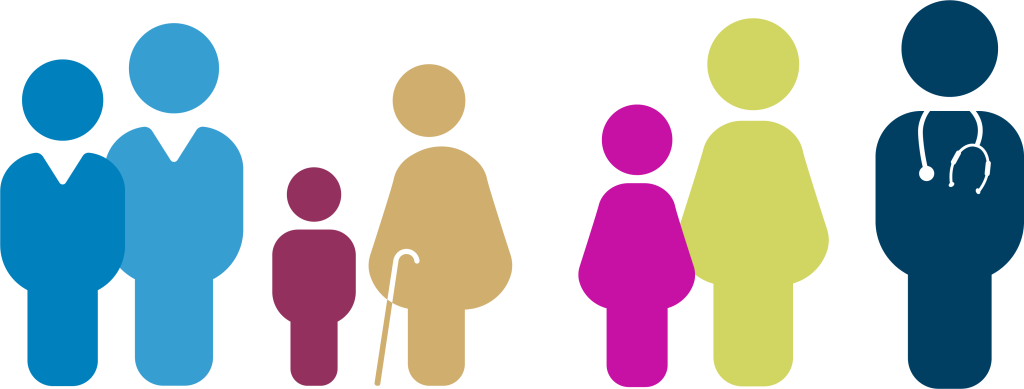 Illustration d'un groupe de différents personnages aux couleurs de ReAGJIR représentant un médecin généraliste et ses patients de tout âge et genre.