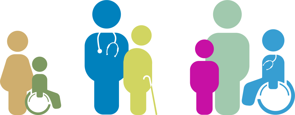 Illustration d'un groupe de différents personnages aux couleurs de ReAGJIR représentant deux médecins généralistes dont l'un est en fauteuil roulant et ses patients de tout âge et genre.