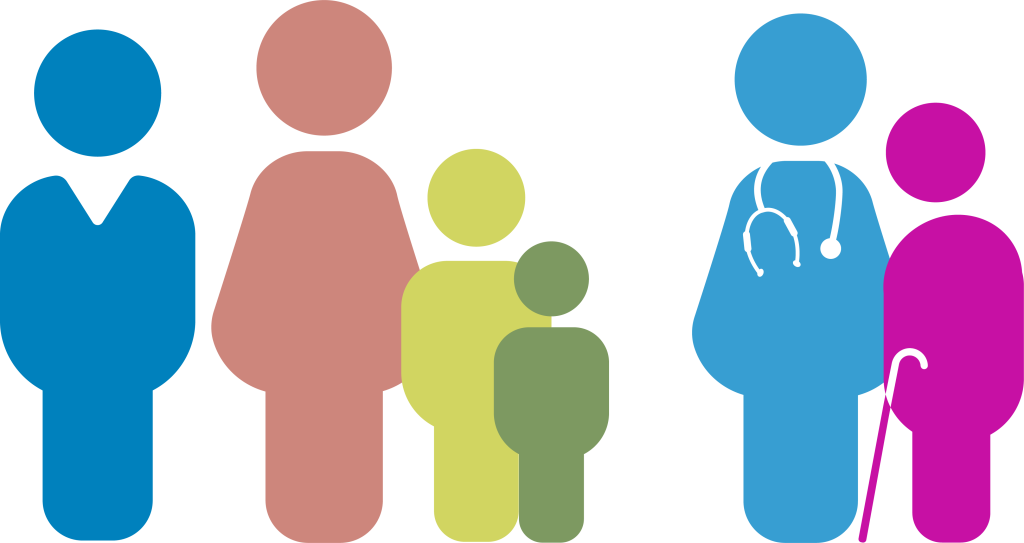 Illustration d'un groupe de différents personnages aux couleurs de ReAGJIR représentant un médecin généraliste et ses patients de tout âge et genre.