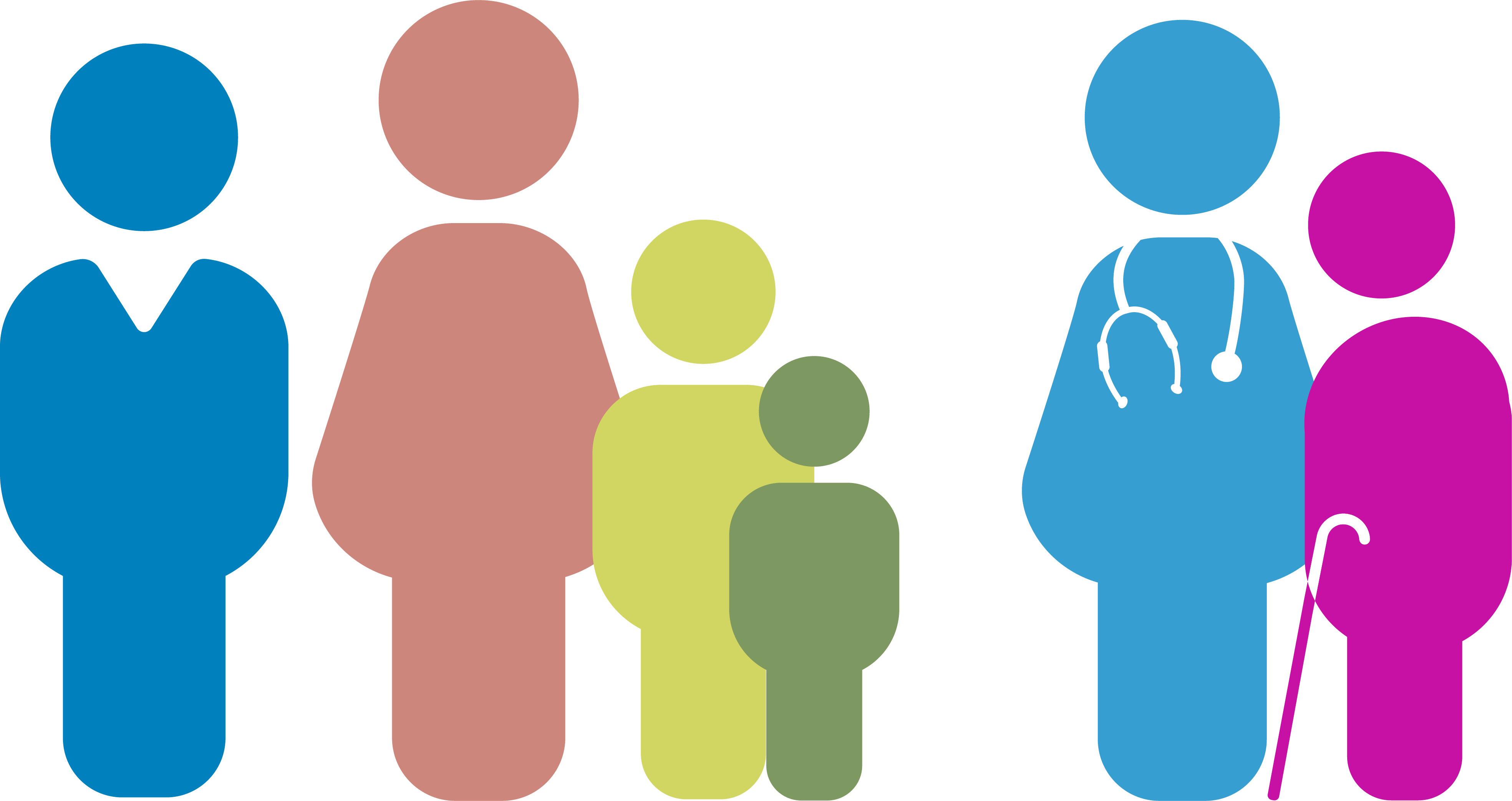 Illustration d'un groupe de diff&eacute;rents personnages aux couleurs de ReAGJIR repr&eacute;sentant un m&eacute;decin g&eacute;n&eacute;raliste et ses patients de tout &acirc;ge et genre.