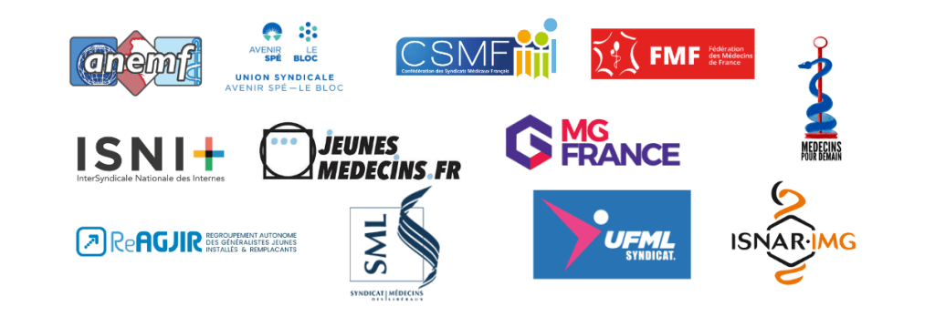 Logos de structures de l'intersyndicale des médecins libéraux et étudiants en médecines.