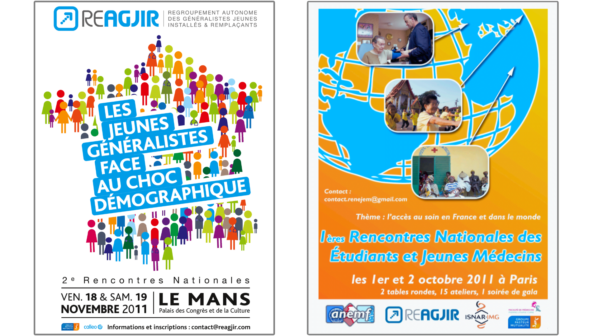 Deux affiches pr&eacute;sentant pour l'une les Rencontres nationales des &eacute;tudiants et jeunes m&eacute;decins coorganis&eacute;es par ReAGJIR en 2011 et pour l'autre le congr&egrave;s intitul&eacute; "les deuxi&egrave;mes Rencontres nationales"