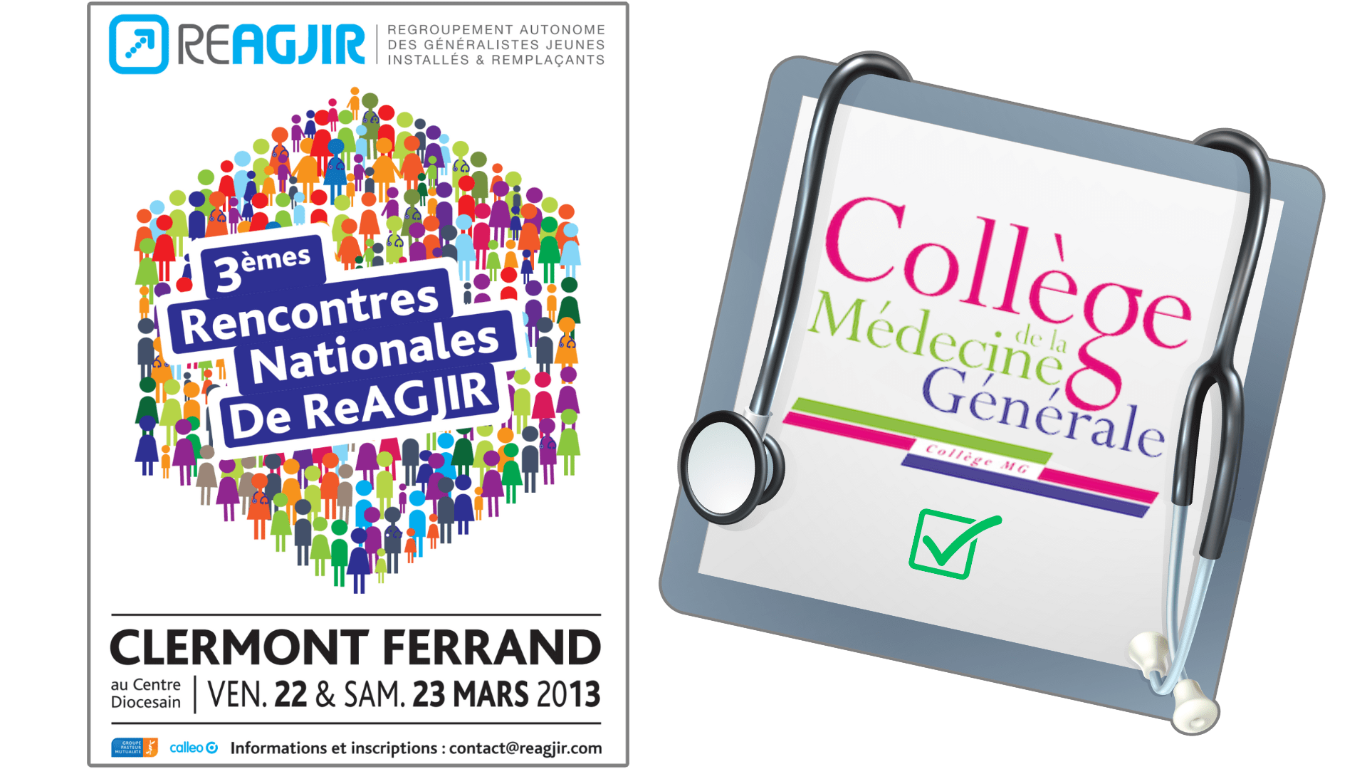 Affiche des 3&egrave;mes Rencontres nationales de ReAGJIR &agrave; c&ocirc;t&eacute; d'une pancarte affichant le logo de l'association Coll&egrave;ge de la m&eacute;decine g&eacute;n&eacute;rale (CMG)