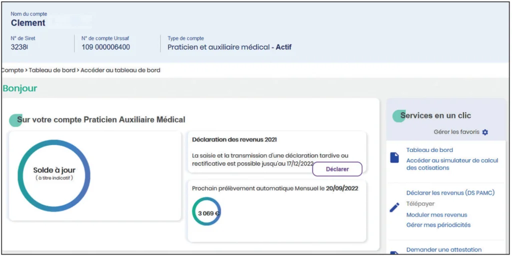 Tableau de bord de la plateforme en ligne de l'Urssaf